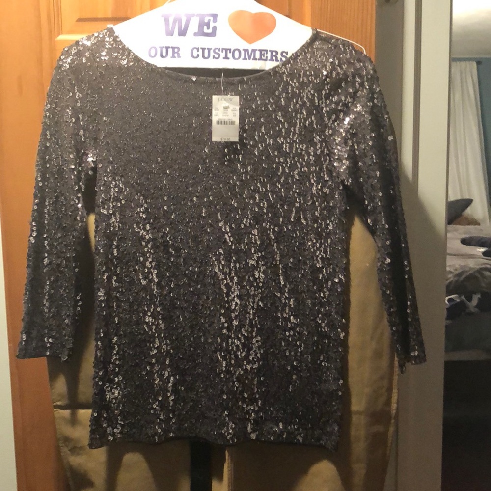 Jcrew sequin shirt.  Three quarter sleeve.